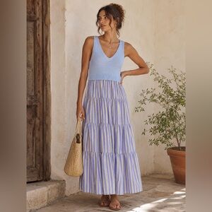 En Saison Mixed Media Knit & Striped Midi Dress MSRP $148 Sz Medium